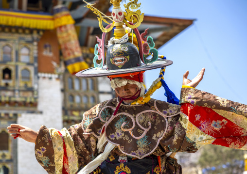 Dance of the hats during Ura Yakchoe festival, Bumthang, Ura, Bhutan