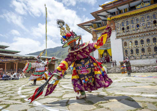 Dance of the hats during Ura Yakchoe festival, Bumthang, Ura, Bhutan