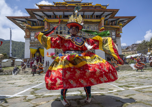 Dance of the hats during Ura Yakchoe festival, Bumthang, Ura, Bhutan