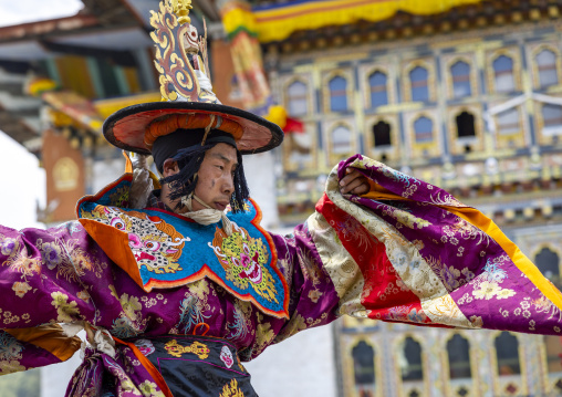 Dance of the hats during Ura Yakchoe festival, Bumthang, Ura, Bhutan