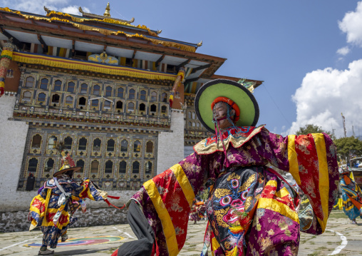 Dance of the hats during Ura Yakchoe festival, Bumthang, Ura, Bhutan