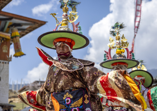 Dance of the hats during Ura Yakchoe festival, Bumthang, Ura, Bhutan