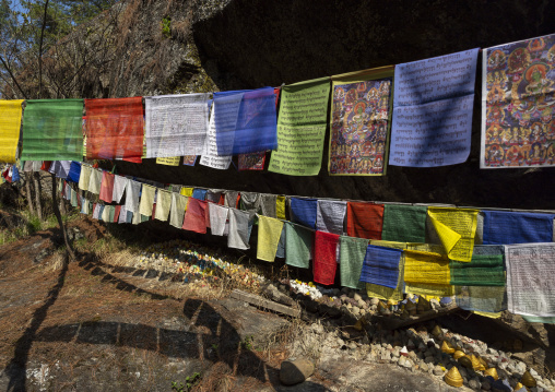 Prayer flags in Tang Chhu River, Bumthang, Mo Chhu, Bhutan