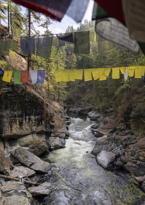 Prayer flags in Tang Chhu River, Bumthang, Mo Chhu, Bhutan