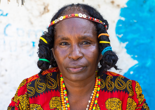 Portrait of a Kunama tribe woman with traditional hairstyle, Gash-Barka, Barentu, Eritrea