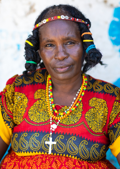 Portrait of a Kunama tribe woman with traditional hairstyle, Gash-Barka, Barentu, Eritrea