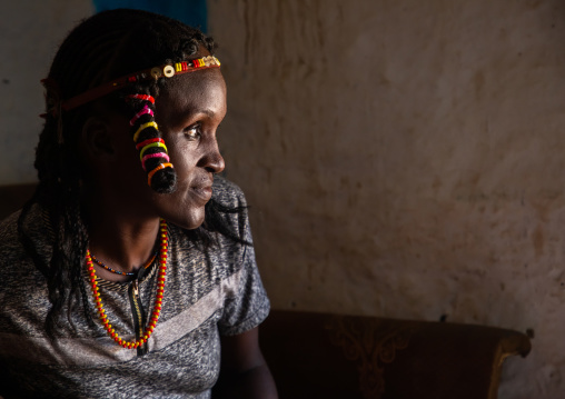 Portrait of a Kunama tribe woman with traditional hairstyle, Gash-Barka, Barentu, Eritrea