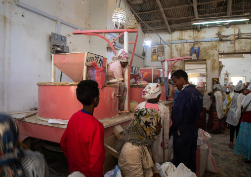 Eritrean people bringing grains to grind in a mill, Central region, Asmara, Eritrea