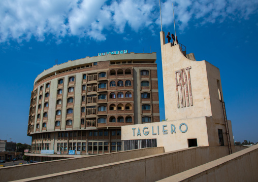 Futurist architecture of the FIAT tagliero service station built in 1938 in front of nakfa house, Central region, Asmara, Eritrea