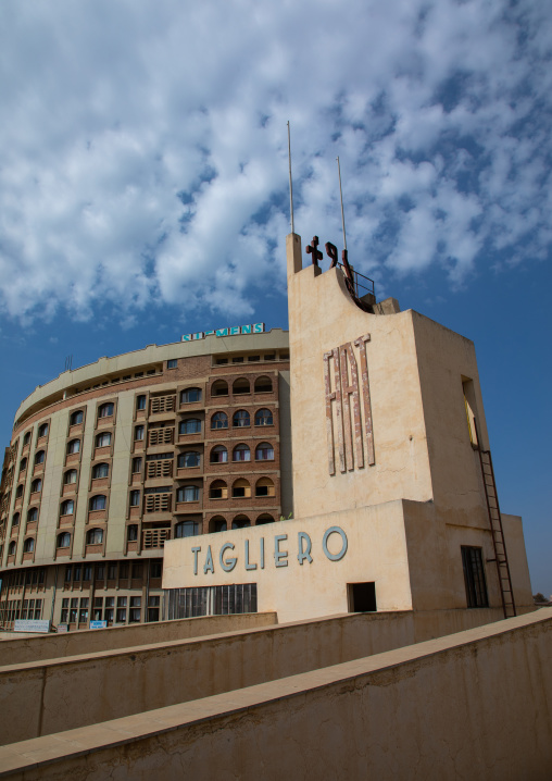 Futurist architecture of the FIAT tagliero service station built in 1938 in front of nakfa house, Central region, Asmara, Eritrea