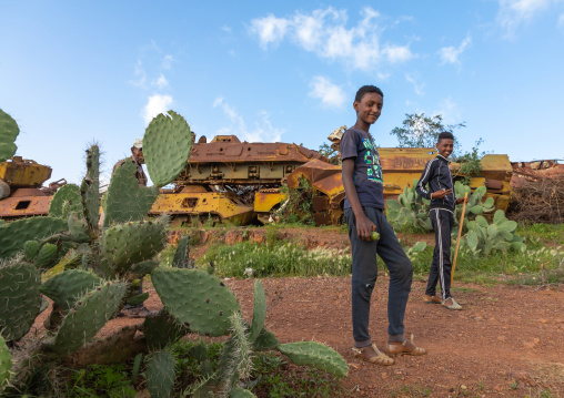 Eritrean boys in the military tank graveyard, Central region, Asmara, Eritrea