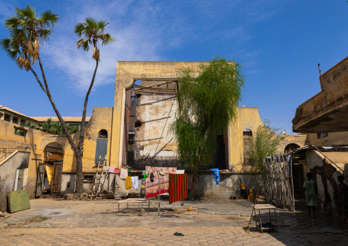 Old italian cinema in ruins now used as a house, Northern Red Sea, Massawa, Eritrea