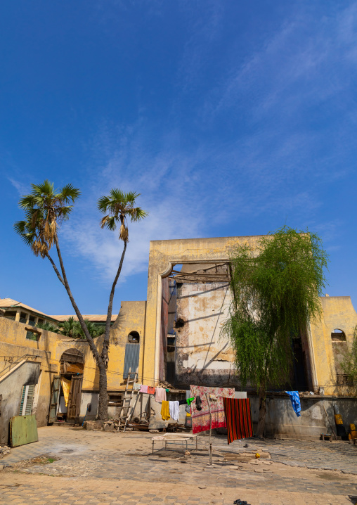 Old italian cinema in ruins now used as a house, Northern Red Sea, Massawa, Eritrea