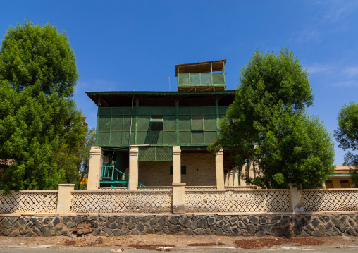 Old colonial building with green wooden balcony, Northern Red Sea, Massawa, Eritrea