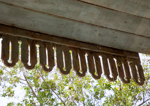 Detail of the wooden roof of the train station from italian colonial era, Northern Red Sea, Massawa, Eritrea