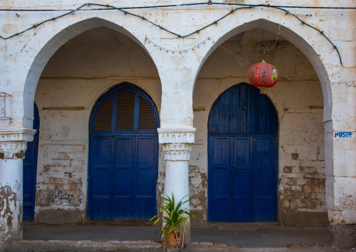 Chinese lantern hanging on an ottoman architecture building arcade, Northern Red Sea, Massawa, Eritrea