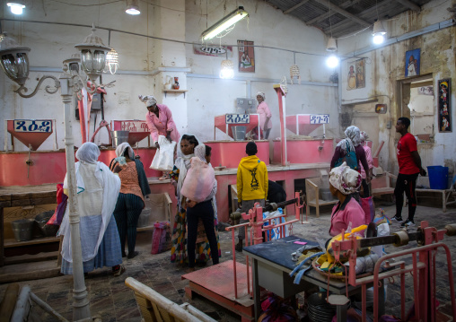 Eritrean people bringing grains to grind in a mill, Central region, Asmara, Eritrea