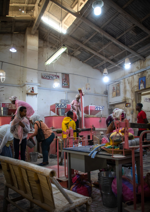 Eritrean people bringing grains to grind in a mill, Central region, Asmara, Eritrea