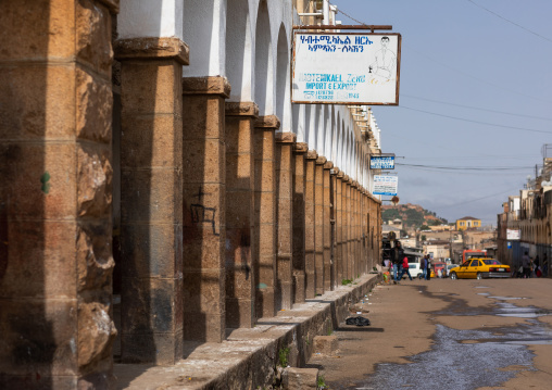 Old art deco style building with arches from the italian colonial times, Central region, Asmara, Eritrea