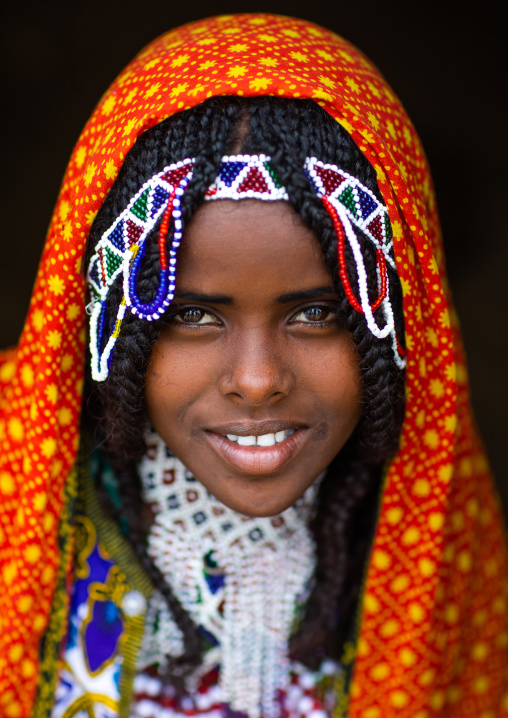 Portrait of an Afar tribe girl with beaded headwear, Central region, Asmara, Eritrea