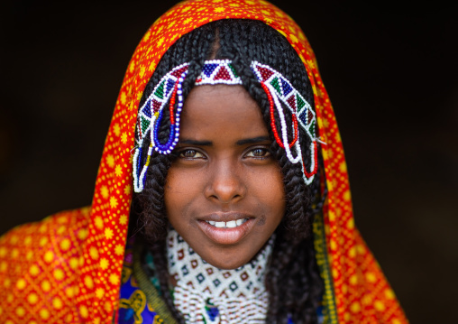 Portrait of an Afar tribe girl with beaded headwear, Central region, Asmara, Eritrea