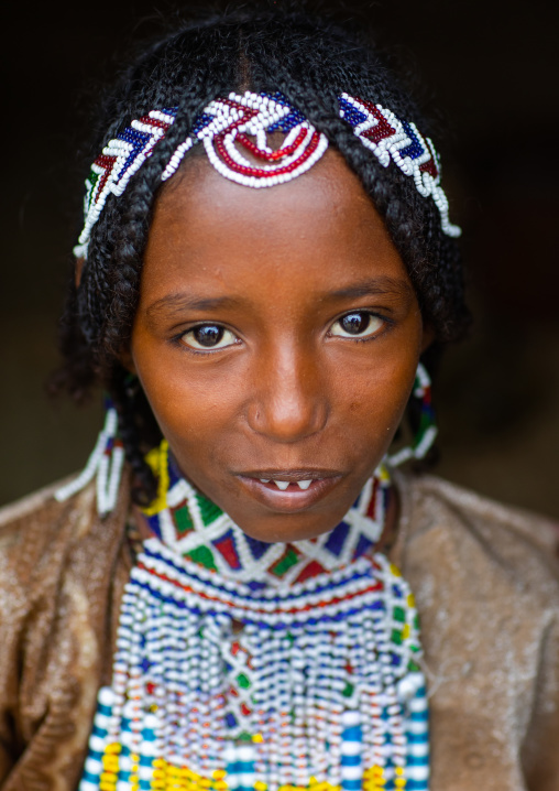 Portrait of an Afar tribe girl with beaded headwear, Central region, Asmara, Eritrea