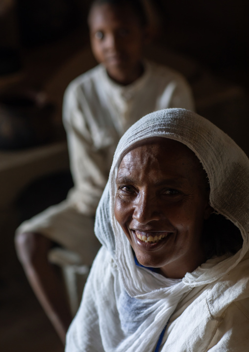 Eritrean orthodox woman and son in traditional clothing, Central region, Asmara, Eritrea