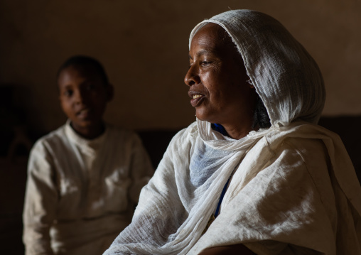 Eritrean orthodox woman and son in traditional clothing, Central region, Asmara, Eritrea