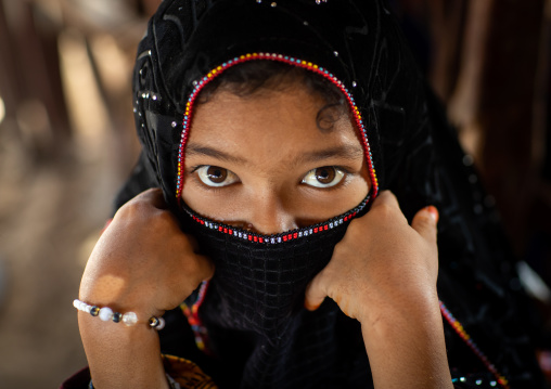 Portrait of a veiled Rashaida tribe girl, Northern Red Sea, Massawa, Eritrea