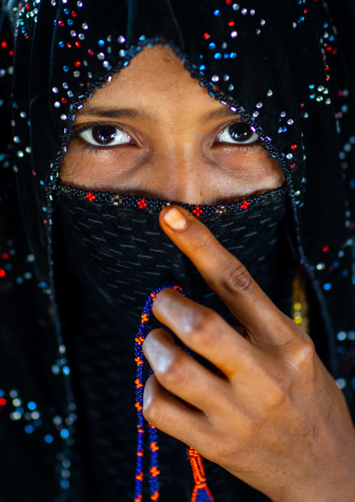 Portrait of a veiled Rashaida tribe girl, Northern Red Sea, Massawa, Eritrea