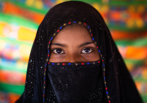 Portrait of a veiled Rashaida tribe girl, Northern Red Sea, Massawa, Eritrea