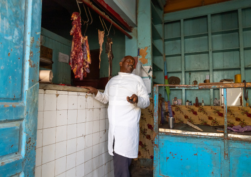 Butcher selling meat in his shop, Northern Red Sea, Massawa, Eritrea