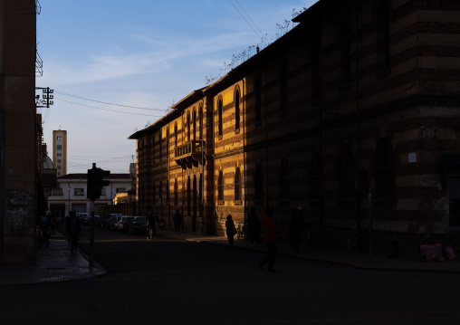 Old colonial italian buildings in the sunset, Central Region, Asmara, Eritrea