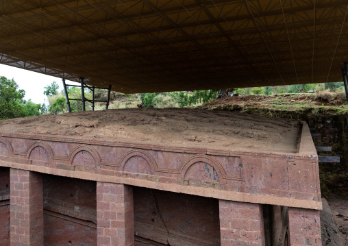 Protective shelters over Biete Medhane Alem rock-hewn church, Amhara Region, Lalibela, Ethiopia