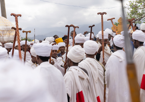 Priests dancing during a celebration in Bilbaia Giorgis, Amhara Region, Lalibela, Ethiopia