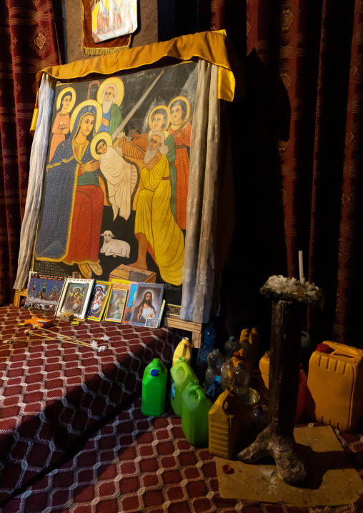 Religious paintings inside a rock-hewn church, Amhara Region, Lalibela, Ethiopia