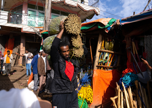 Ethiopian man carrying khat in a market, Harari Region, Awaday, Ethiopia