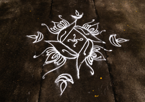 Kolam in the street for Diwali, Pondicherry, Puducherry, India