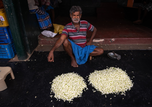 Indian man selling flowers in a market, Tamil Nadu, Madurai, India