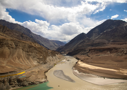 Aerial view of the confluence of the Indus and Zanskar rivers, Ladakh, Leh, India