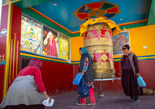 Prayer wheel with Dalai Lama portrait in Sonamling , Ladakh, Leh, India