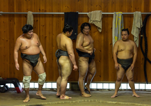 Sumo wrestlers training in Tatsunami Beya sumo stable, Kanto region, Tokyo, Japan