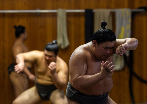 Sumo wrestlers training in Tatsunami Beya sumo stable, Kanto region, Tokyo, Japan