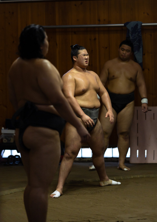 Sumo wrestlers training in Tatsunami Beya sumo stable, Kanto region, Tokyo, Japan