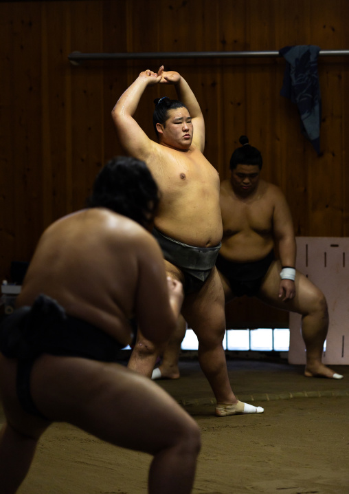 Sumo wrestlers training in Tatsunami Beya sumo stable, Kanto region, Tokyo, Japan