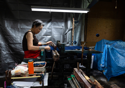 Kurume Kasuri weaving in Aika Tanaka Kasuri Kobo workshop, Kyushu region, Chikugo, Japan