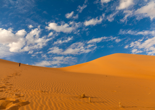 Tourist walking on a Rub al Khali dune, Najran Province, Thar, Saudi Arabia