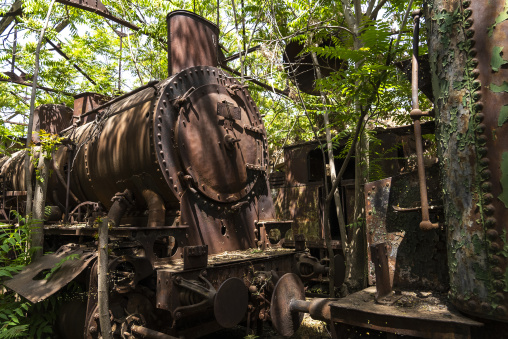 Old locomotive from Beirut–Damascus line covered by plants, Beqaa Governorate, Rayak, Lebanon