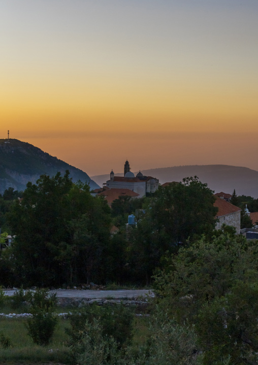 Village in the mountain in the sunset, Mount Lebanon, Douma, Lebanon