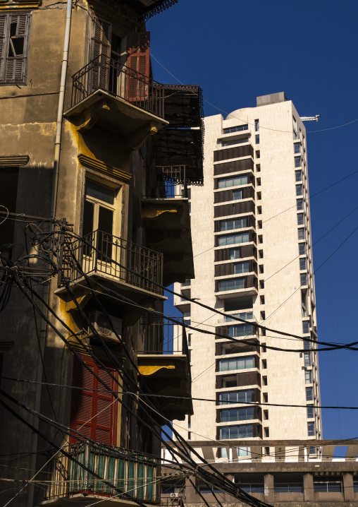 Old heritage building in front of a modern one, Beirut Governorate, Beirut, Lebanon